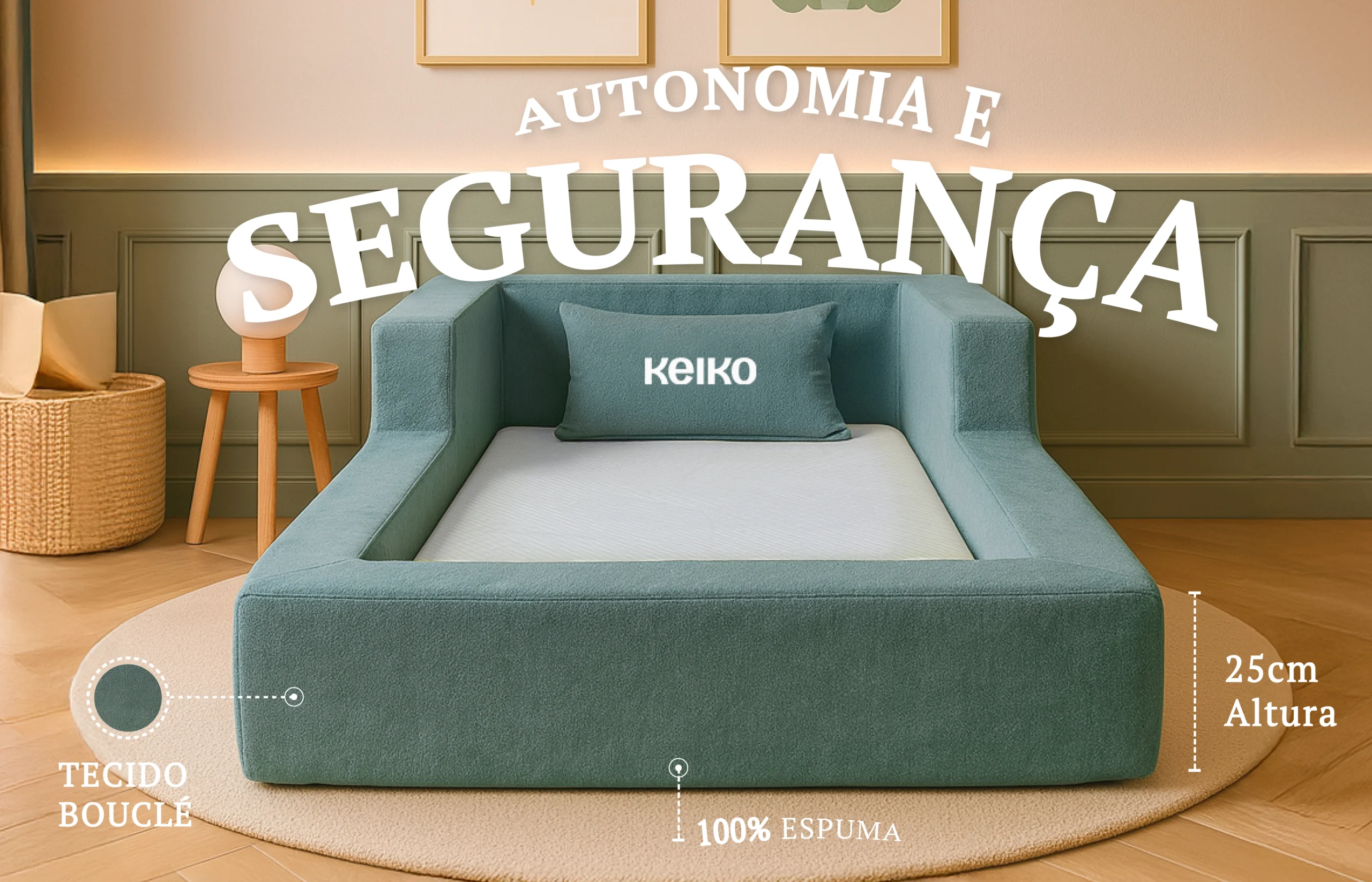 Cama Montessoriana aconchego em tecido boucle verde-água, em quarto infantil.