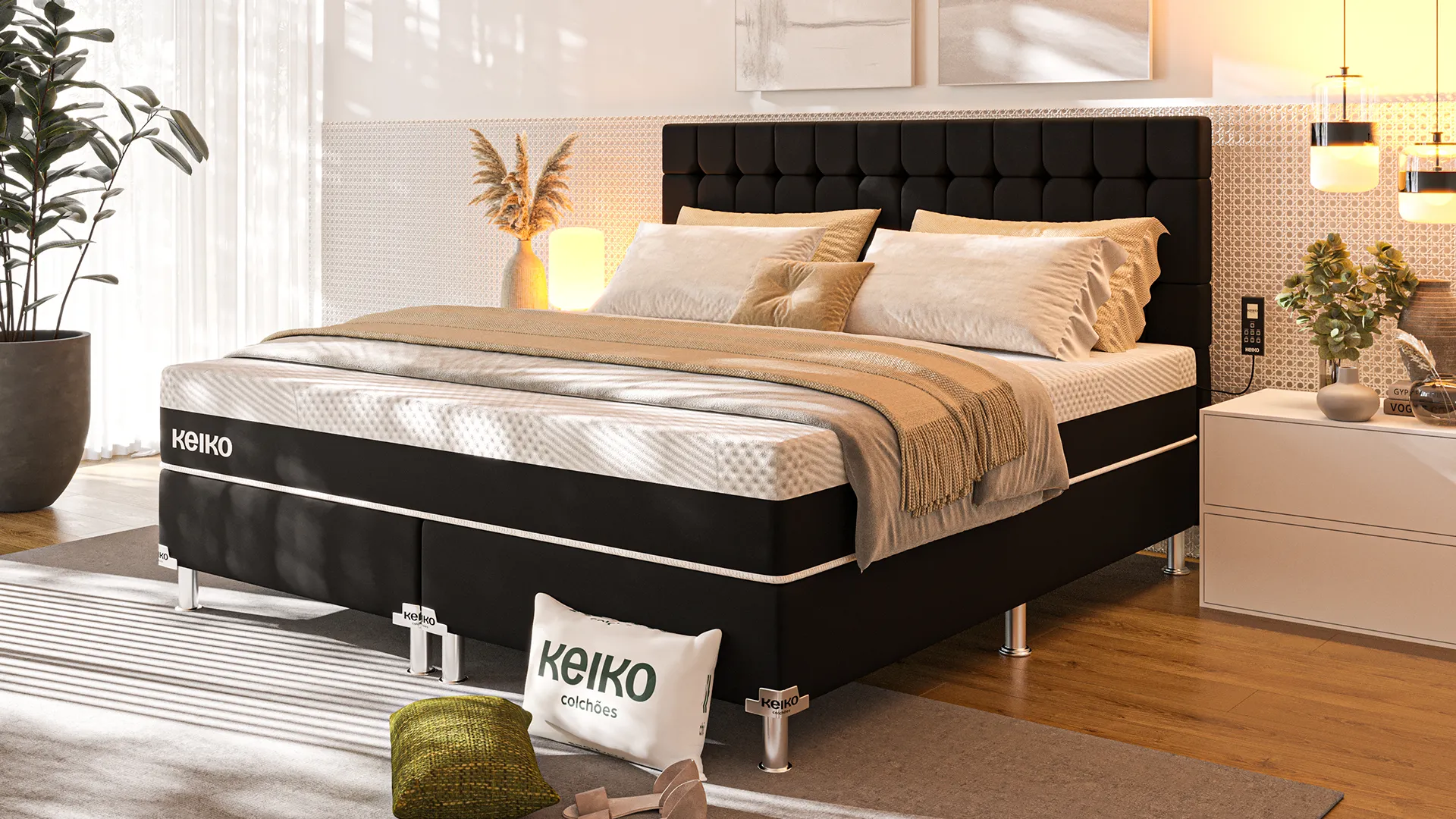 Cama Stellar Keiko 100% espuma expansiva em quarto contemporâneo, suporte firme e conforto para crianças e adultos.