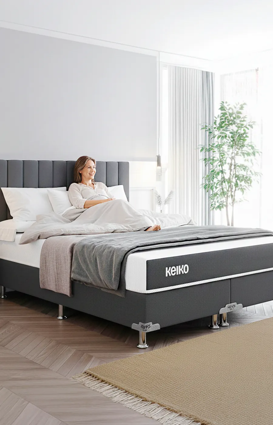 Cama Box Baú Keiko com pistões hidráulicos, estrutura reforçada e amplo espaço interno, em quarto moderno e organizado