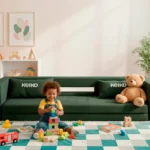 Criança brincando em frente a um sofá cama montessoriano Keiko Colinho verde, em ambiente infantil decorado com brinquedos e urso de pelúcia.