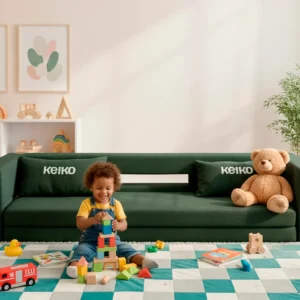 Criança brincando em frente a um sofá cama montessoriano Keiko Colinho verde, em ambiente infantil decorado com brinquedos e urso de pelúcia.