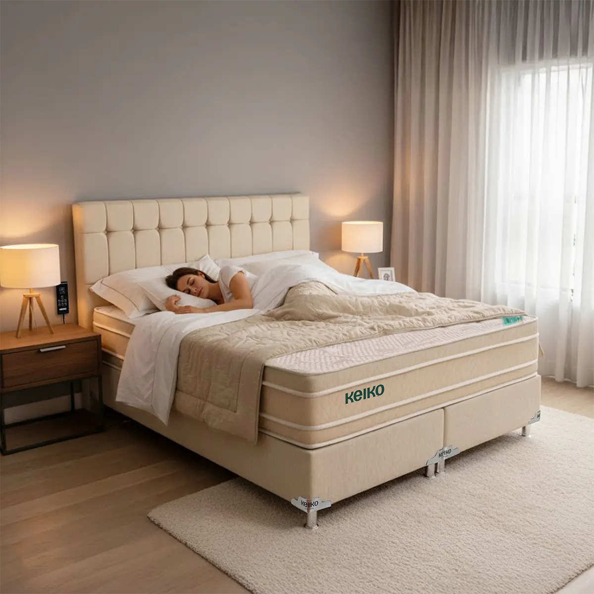 Mulher deitada em um Colchão Keiko Foam Elite em quarto iluminado, representando conforto e tecnologia acessível.